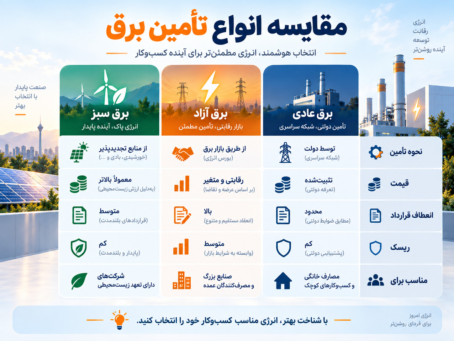 مقایسه مفهومی برق آزاد حرارتی و برق سبز تجدیدپذیر