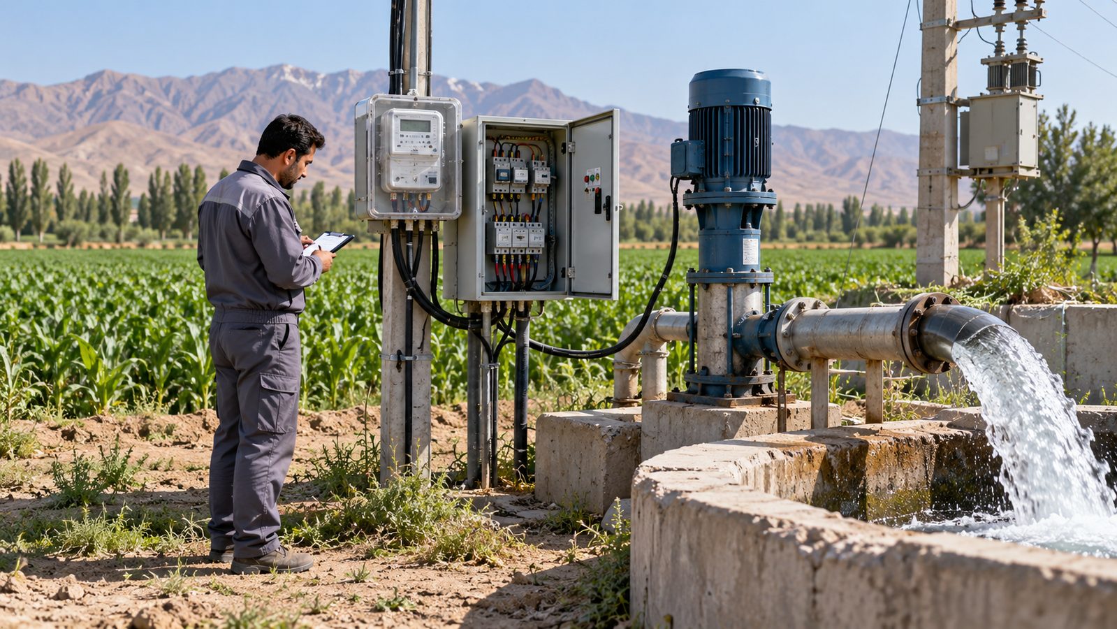 کارشناس در حال بررسی کنتور و تابلو برق پمپ کشاورزی کنار مزرعه برای محاسبه تعرفه برق کشاورزی