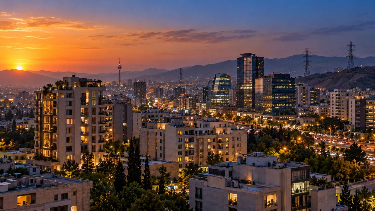 نمای شهری در گرگومیش عصر با روشنایی واحدهای مسکونی و تجاری و شبکه انتقال برق در پسزمینه